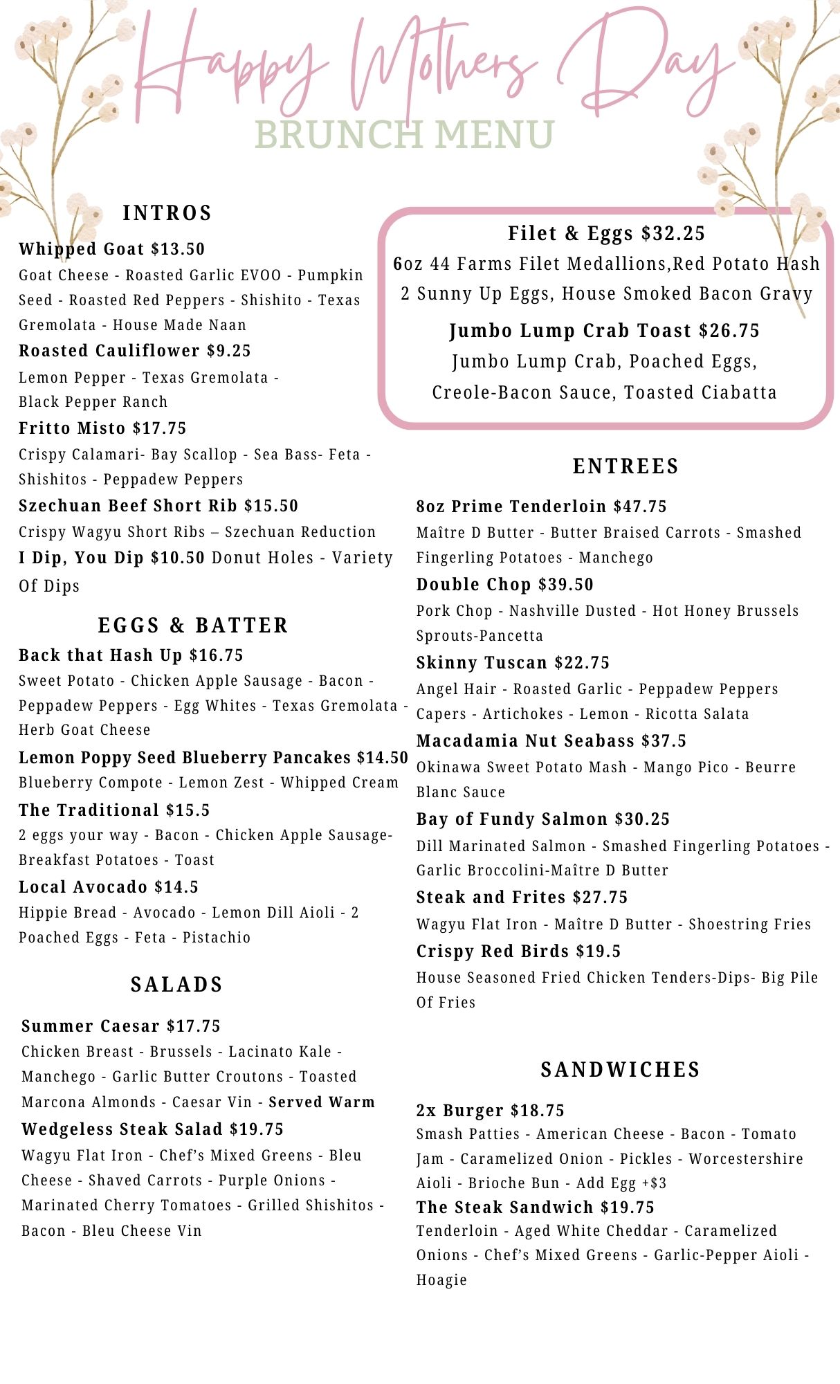 Mother's Day Brunch Menu
