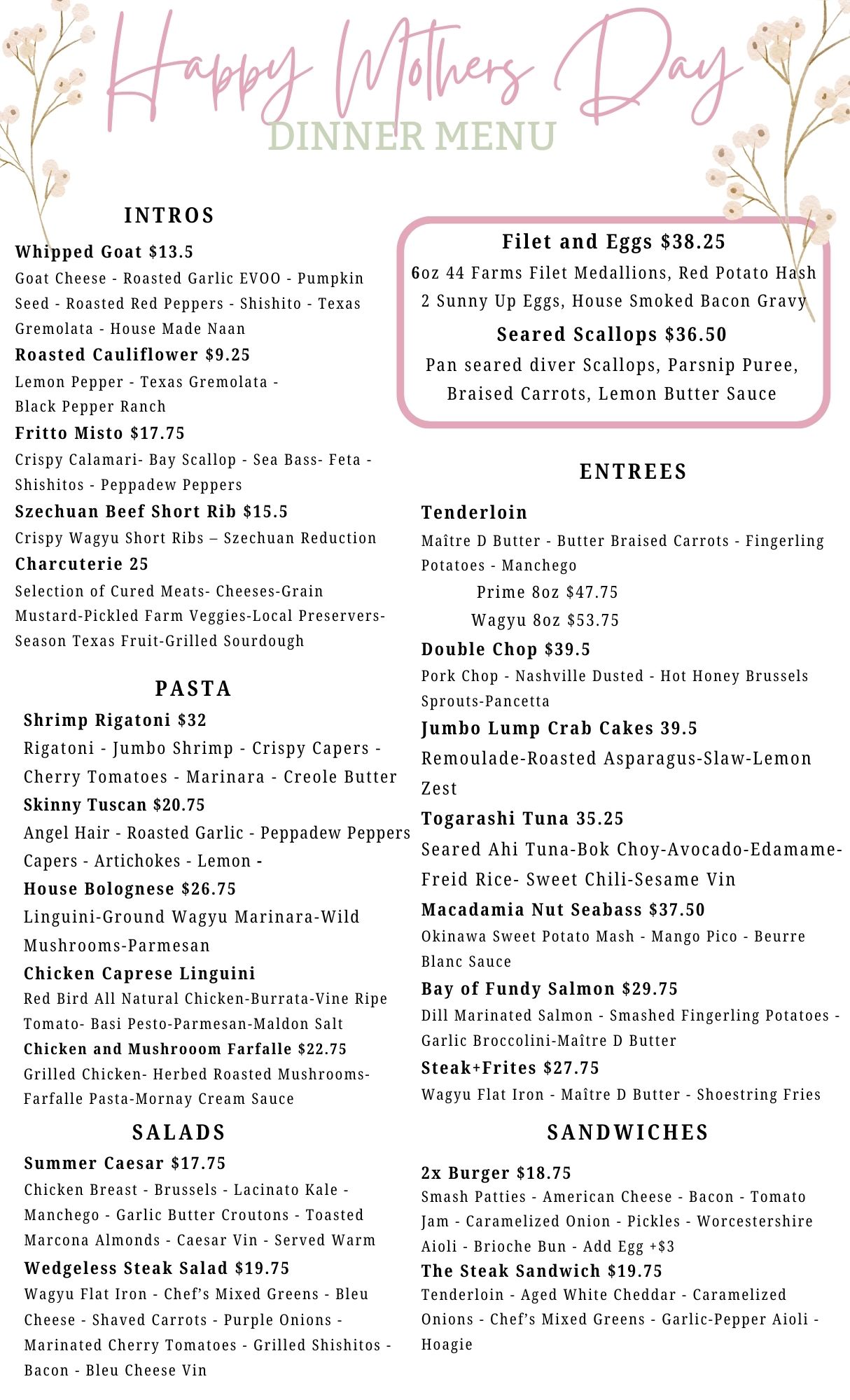 Mother's Day Dinner Menu